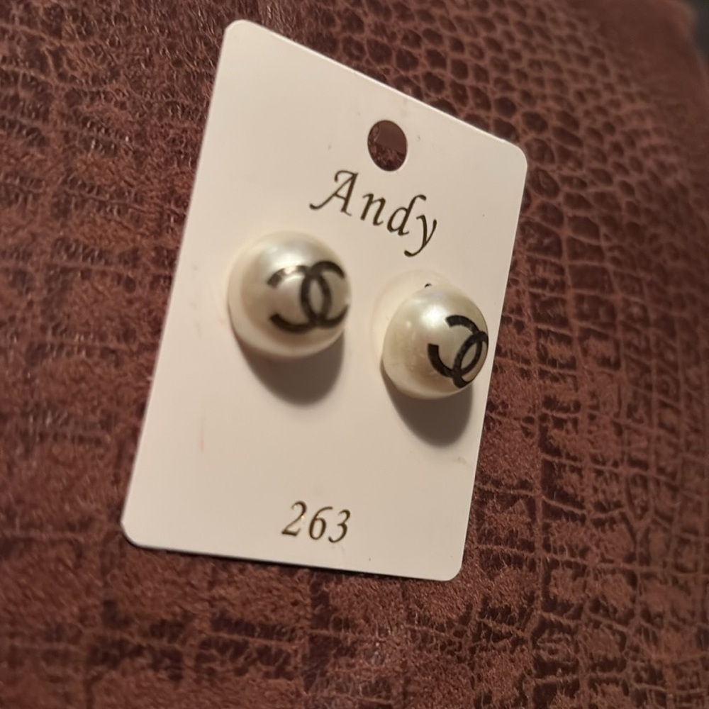 Gold and Opal White LV Gucci Logo Earrings - designer bling - Picture 8 of 14